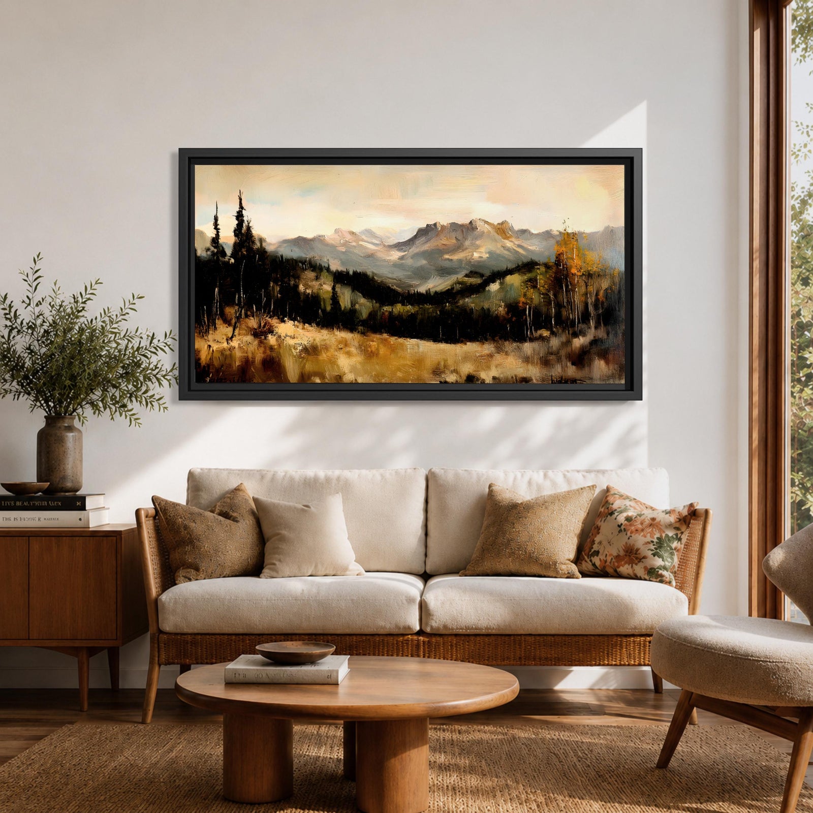 A panoramic landscape painting of a serene mountain valley with distant rugged peaks, surrounded by tall evergreen trees and autumn foliage, with a reflective stream or meadow in the foreground, rendered in soft earthy tones and textured brushstrokes that create depth, atmosphere, and a tranquil natural scene.