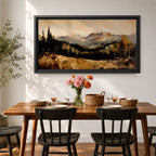 A panoramic landscape painting of a serene mountain valley with distant rugged peaks, surrounded by tall evergreen trees and autumn foliage, with a reflective stream or meadow in the foreground, rendered in soft earthy tones and textured brushstrokes that create depth, atmosphere, and a tranquil natural scene.