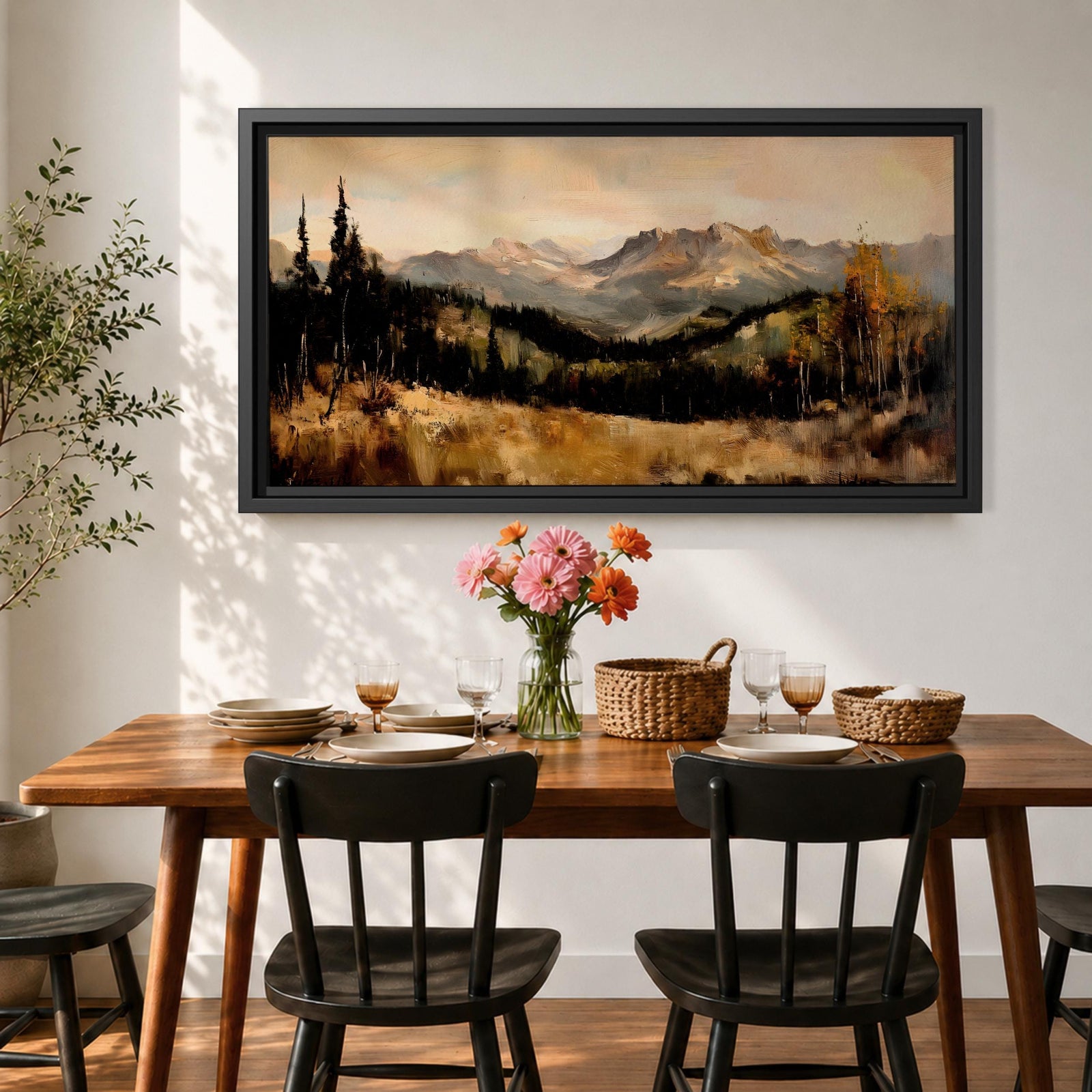 A panoramic landscape painting of a serene mountain valley with distant rugged peaks, surrounded by tall evergreen trees and autumn foliage, with a reflective stream or meadow in the foreground, rendered in soft earthy tones and textured brushstrokes that create depth, atmosphere, and a tranquil natural scene.