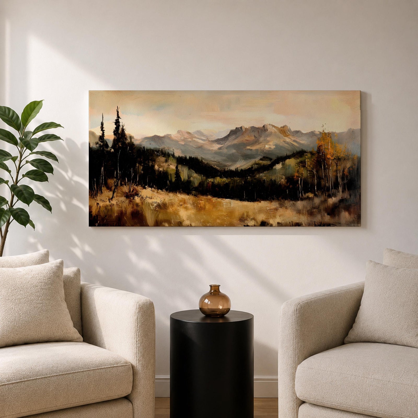 A panoramic landscape painting of a serene mountain valley with distant rugged peaks, surrounded by tall evergreen trees and autumn foliage, with a reflective stream or meadow in the foreground, rendered in soft earthy tones and textured brushstrokes that create depth, atmosphere, and a tranquil natural scene.
