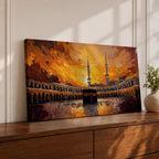 A panoramic painting of the Kaaba in Mecca surrounded by the Grand Mosque, set against a dramatic golden sunset sky with expressive brushstrokes and warm tones.