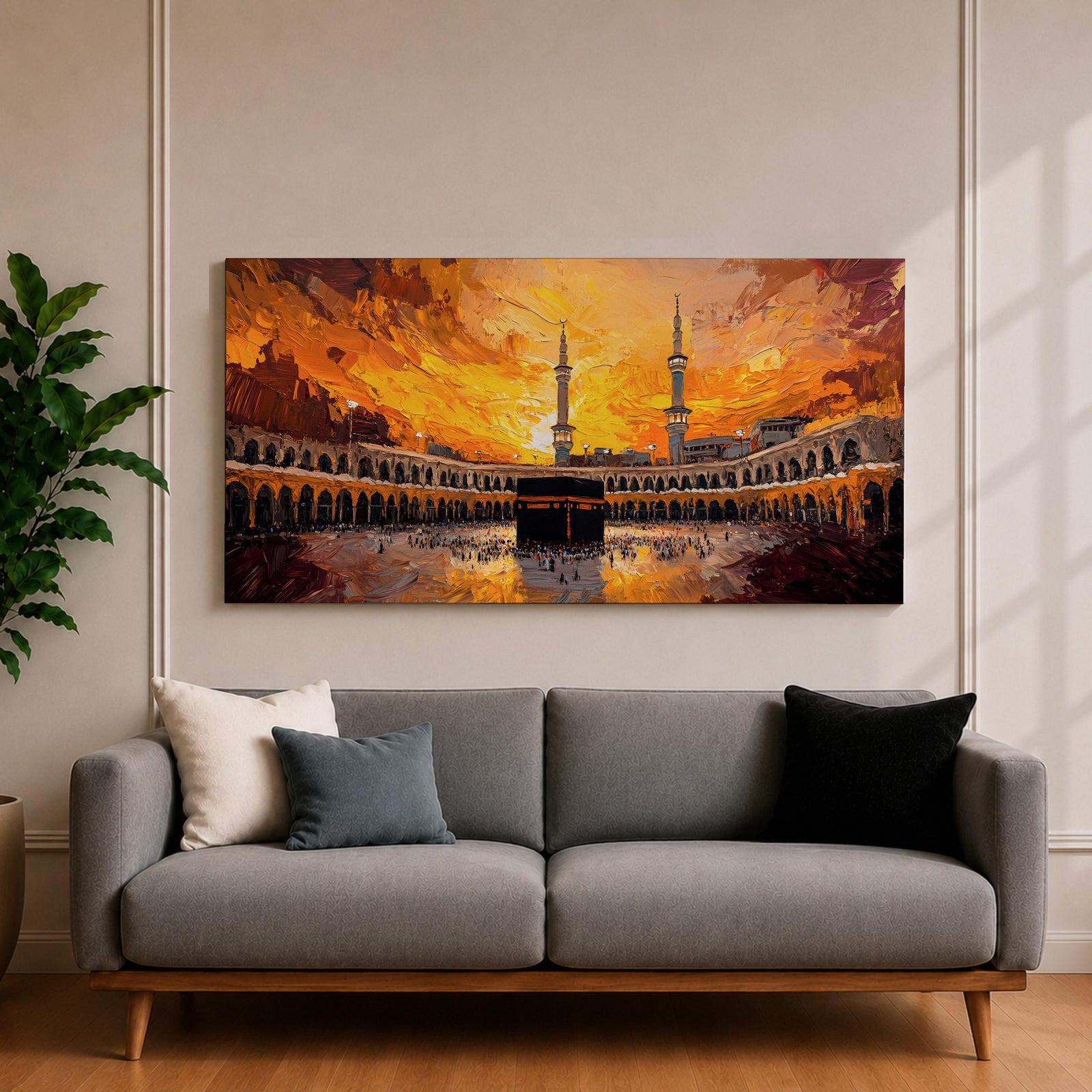 A panoramic painting of the Kaaba in Mecca surrounded by the Grand Mosque, set against a dramatic golden sunset sky with expressive brushstrokes and warm tones.