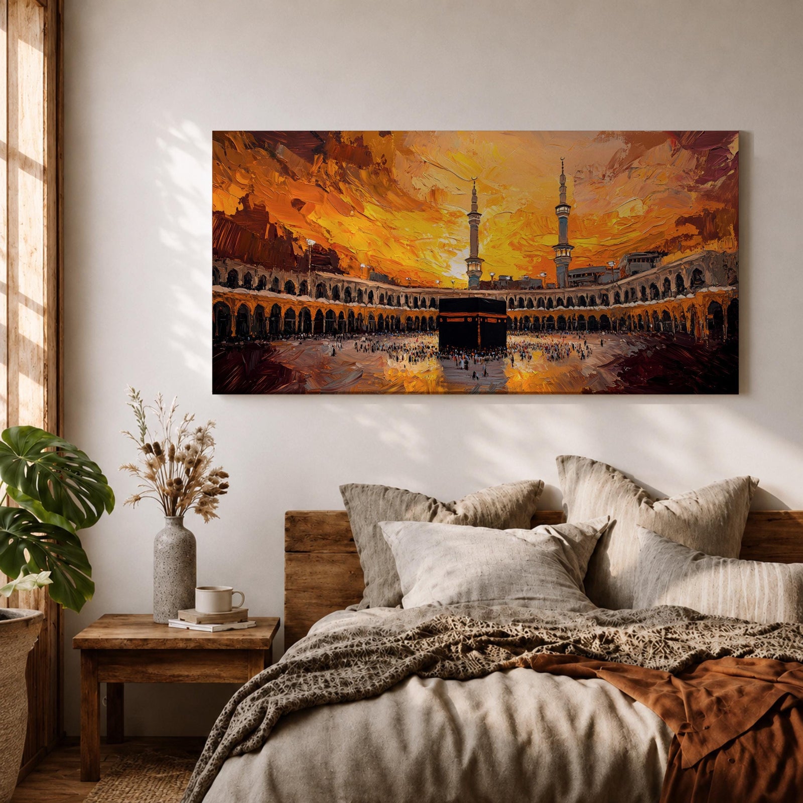 A panoramic painting of the Kaaba in Mecca surrounded by the Grand Mosque, set against a dramatic golden sunset sky with expressive brushstrokes and warm tones.