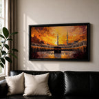 A panoramic painting of the Kaaba in Mecca surrounded by the Grand Mosque, set against a dramatic golden sunset sky with expressive brushstrokes and warm tones.
