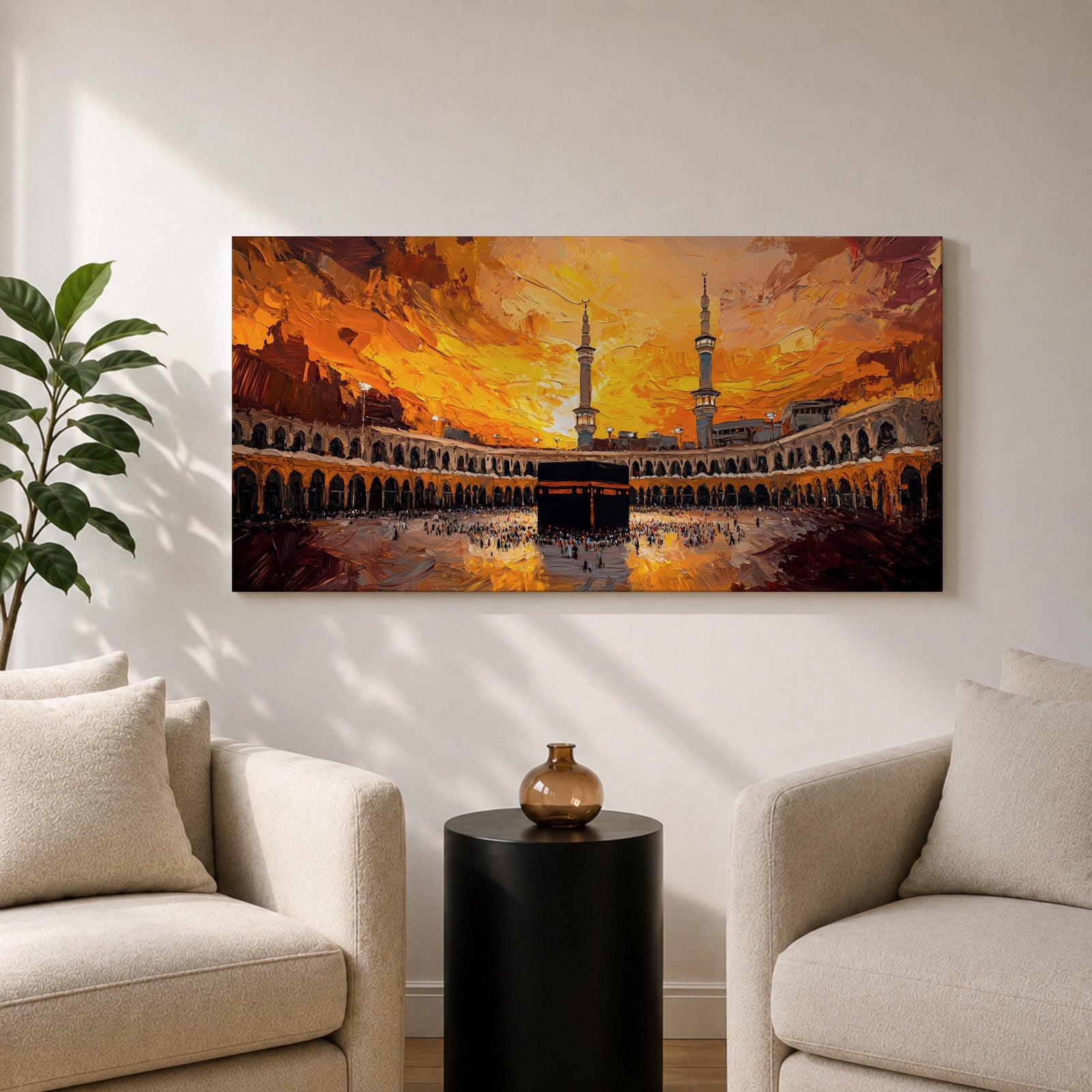A panoramic painting of the Kaaba in Mecca surrounded by the Grand Mosque, set against a dramatic golden sunset sky with expressive brushstrokes and warm tones.