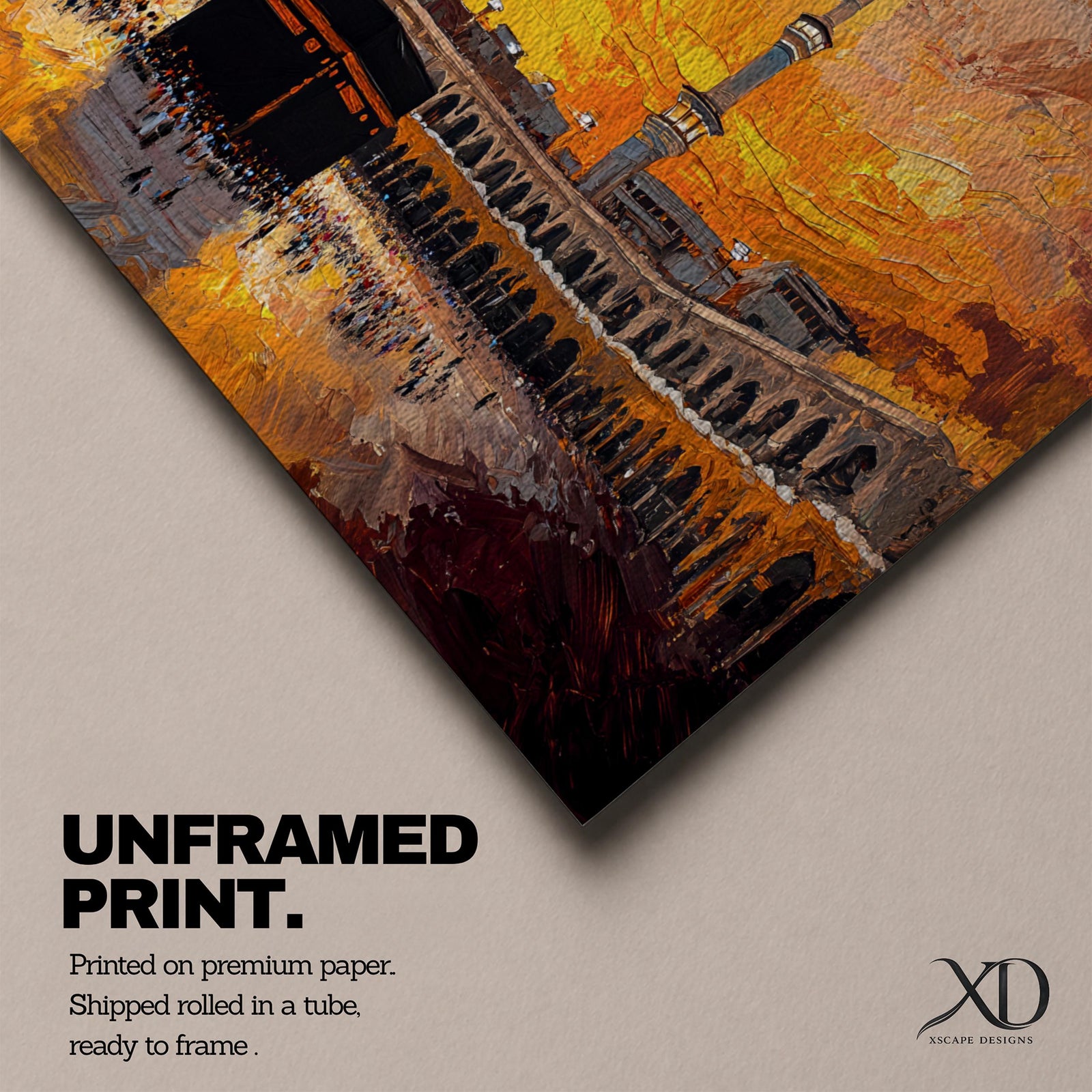 A panoramic painting of the Kaaba in Mecca surrounded by the Grand Mosque, set against a dramatic golden sunset sky with expressive brushstrokes and warm tones.