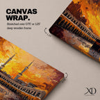 A panoramic painting of the Kaaba in Mecca surrounded by the Grand Mosque, set against a dramatic golden sunset sky with expressive brushstrokes and warm tones.