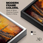 A panoramic painting of the Kaaba in Mecca surrounded by the Grand Mosque, set against a dramatic golden sunset sky with expressive brushstrokes and warm tones.