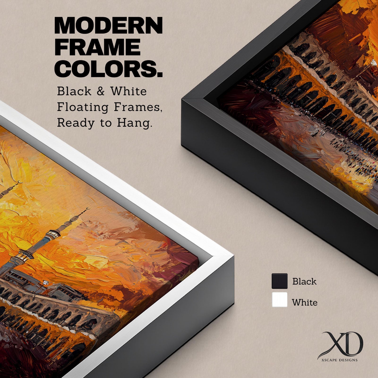 A panoramic painting of the Kaaba in Mecca surrounded by the Grand Mosque, set against a dramatic golden sunset sky with expressive brushstrokes and warm tones.