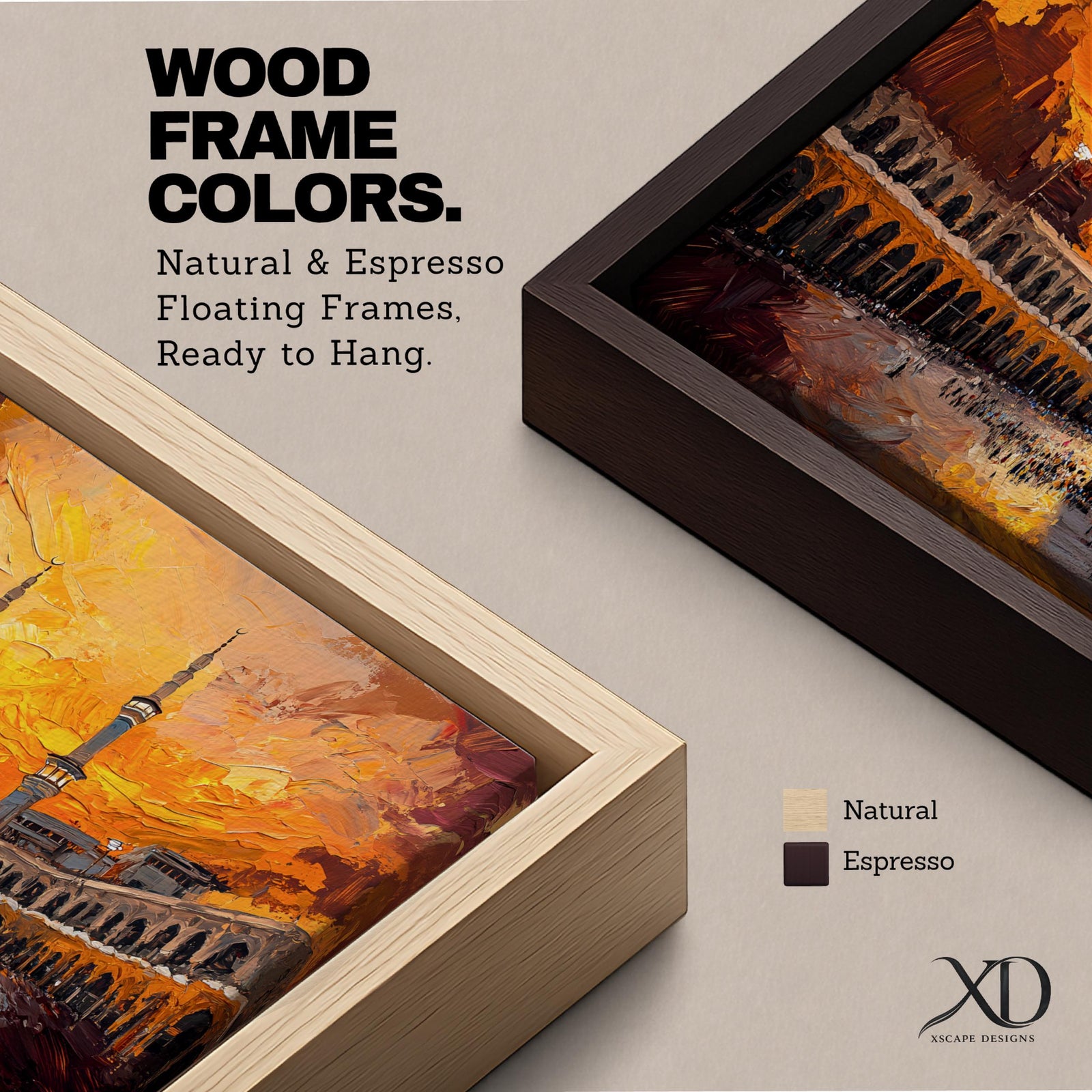 A panoramic painting of the Kaaba in Mecca surrounded by the Grand Mosque, set against a dramatic golden sunset sky with expressive brushstrokes and warm tones.