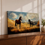 A panoramic painting of two wild horses standing in a sunlit open field, one chestnut and one black, surrounded by golden grasses and rolling hills beneath a dramatic sky filled with soft clouds, rendered in expressive brushstrokes that capture movement, light, and a natural untamed landscape.