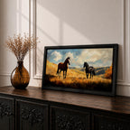 A panoramic painting of two wild horses standing in a sunlit open field, one chestnut and one black, surrounded by golden grasses and rolling hills beneath a dramatic sky filled with soft clouds, rendered in expressive brushstrokes that capture movement, light, and a natural untamed landscape.