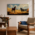 A panoramic painting of two wild horses standing in a sunlit open field, one chestnut and one black, surrounded by golden grasses and rolling hills beneath a dramatic sky filled with soft clouds, rendered in expressive brushstrokes that capture movement, light, and a natural untamed landscape.