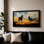 A panoramic painting of two wild horses standing in a sunlit open field, one chestnut and one black, surrounded by golden grasses and rolling hills beneath a dramatic sky filled with soft clouds, rendered in expressive brushstrokes that capture movement, light, and a natural untamed landscape.