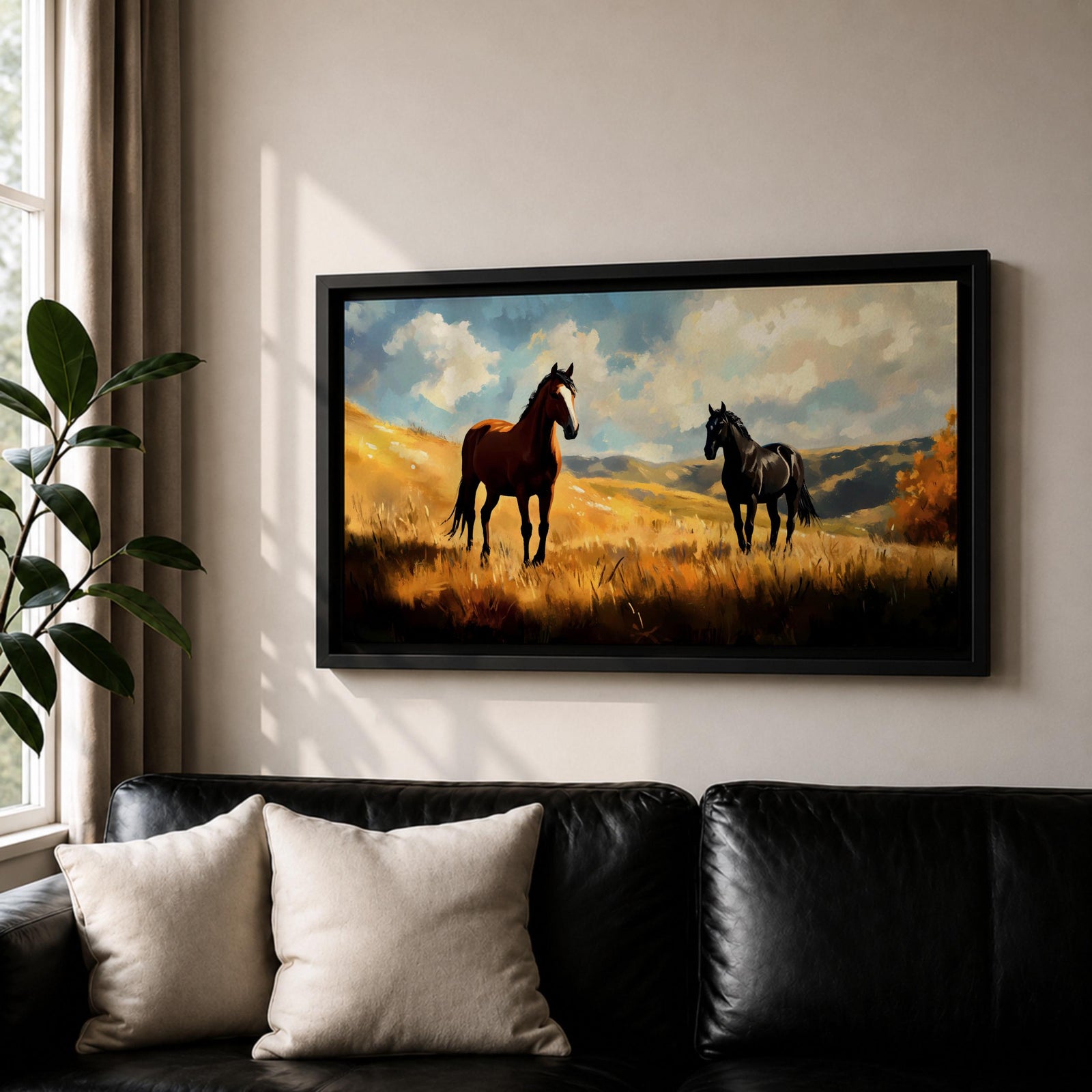 A panoramic painting of two wild horses standing in a sunlit open field, one chestnut and one black, surrounded by golden grasses and rolling hills beneath a dramatic sky filled with soft clouds, rendered in expressive brushstrokes that capture movement, light, and a natural untamed landscape.