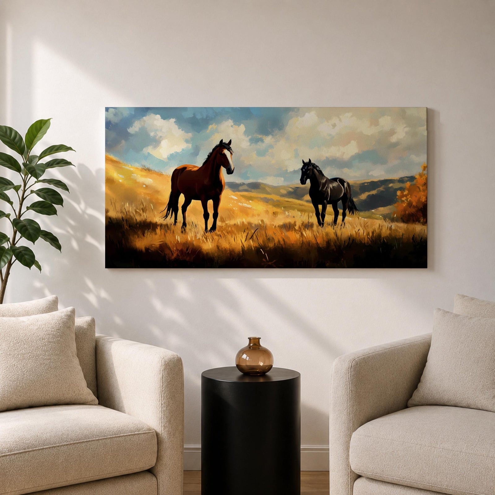 A panoramic painting of two wild horses standing in a sunlit open field, one chestnut and one black, surrounded by golden grasses and rolling hills beneath a dramatic sky filled with soft clouds, rendered in expressive brushstrokes that capture movement, light, and a natural untamed landscape.