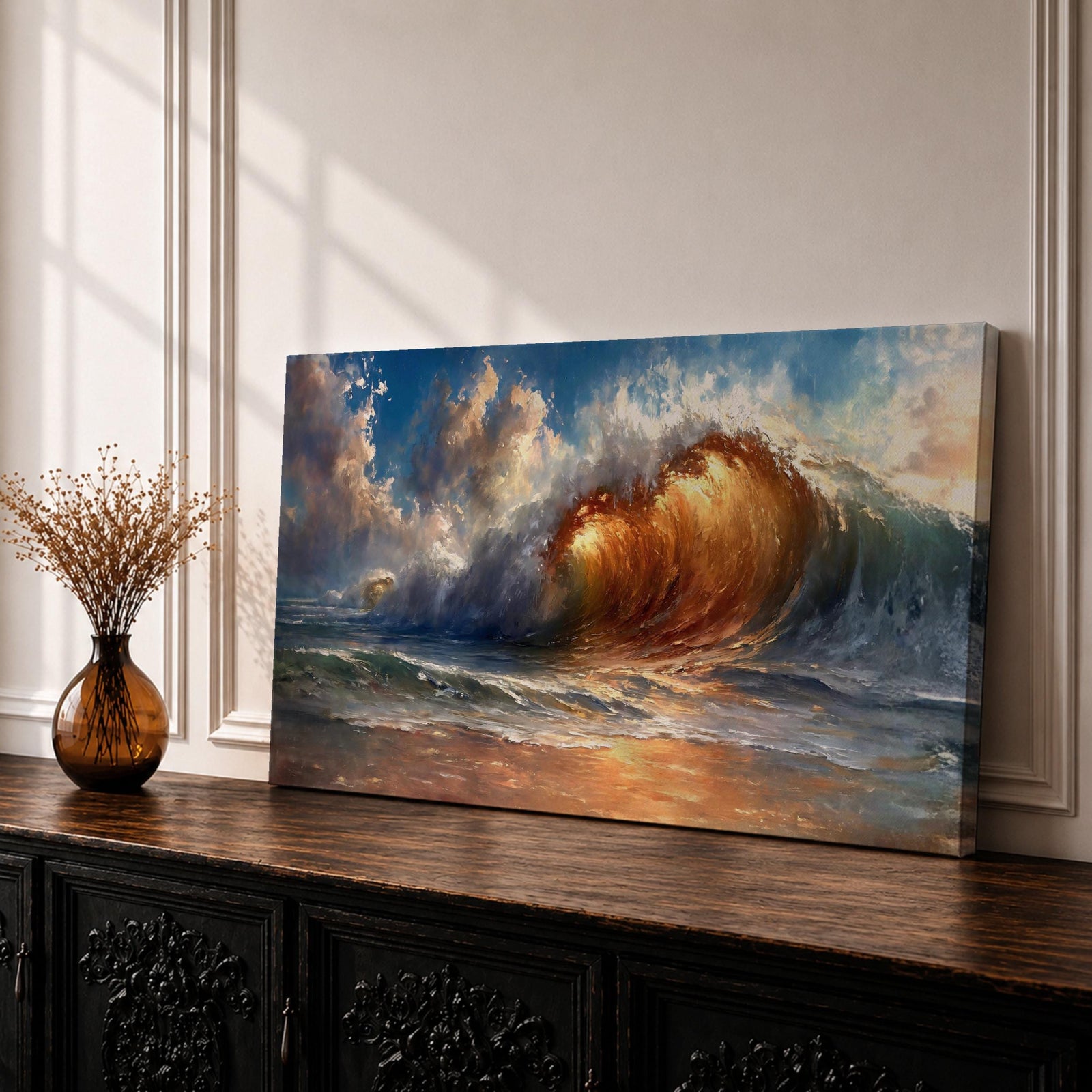 A panoramic painting of a powerful ocean wave cresting toward the shore, illuminated by warm golden light within the curl, with textured brushstrokes capturing the motion of water, foam, and reflections beneath a sky filled with dynamic clouds, creating a dramatic and energetic seascape composition.