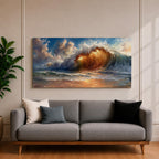 A panoramic painting of a powerful ocean wave cresting toward the shore, illuminated by warm golden light within the curl, with textured brushstrokes capturing the motion of water, foam, and reflections beneath a sky filled with dynamic clouds, creating a dramatic and energetic seascape composition.