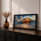 A panoramic painting of a powerful ocean wave cresting toward the shore, illuminated by warm golden light within the curl, with textured brushstrokes capturing the motion of water, foam, and reflections beneath a sky filled with dynamic clouds, creating a dramatic and energetic seascape composition.