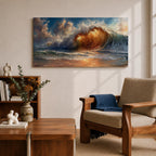 A panoramic painting of a powerful ocean wave cresting toward the shore, illuminated by warm golden light within the curl, with textured brushstrokes capturing the motion of water, foam, and reflections beneath a sky filled with dynamic clouds, creating a dramatic and energetic seascape composition.