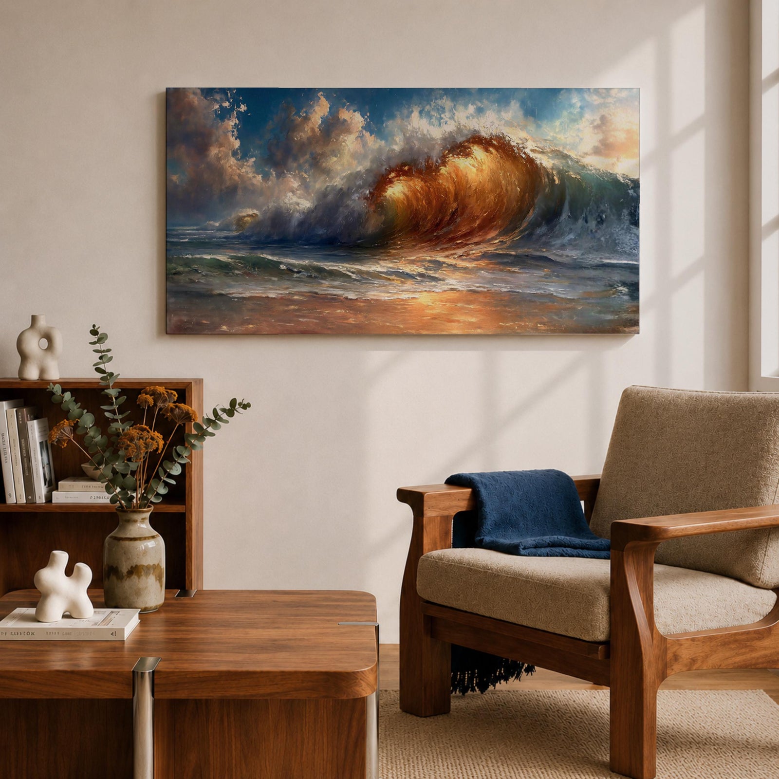 A panoramic painting of a powerful ocean wave cresting toward the shore, illuminated by warm golden light within the curl, with textured brushstrokes capturing the motion of water, foam, and reflections beneath a sky filled with dynamic clouds, creating a dramatic and energetic seascape composition.