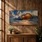 A panoramic painting of a powerful ocean wave cresting toward the shore, illuminated by warm golden light within the curl, with textured brushstrokes capturing the motion of water, foam, and reflections beneath a sky filled with dynamic clouds, creating a dramatic and energetic seascape composition.