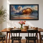 A panoramic painting of a powerful ocean wave cresting toward the shore, illuminated by warm golden light within the curl, with textured brushstrokes capturing the motion of water, foam, and reflections beneath a sky filled with dynamic clouds, creating a dramatic and energetic seascape composition.