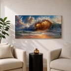A panoramic painting of a powerful ocean wave cresting toward the shore, illuminated by warm golden light within the curl, with textured brushstrokes capturing the motion of water, foam, and reflections beneath a sky filled with dynamic clouds, creating a dramatic and energetic seascape composition.