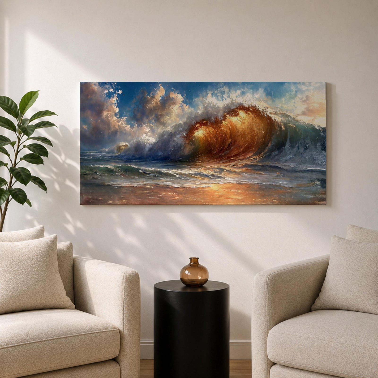 A panoramic painting of a powerful ocean wave cresting toward the shore, illuminated by warm golden light within the curl, with textured brushstrokes capturing the motion of water, foam, and reflections beneath a sky filled with dynamic clouds, creating a dramatic and energetic seascape composition.