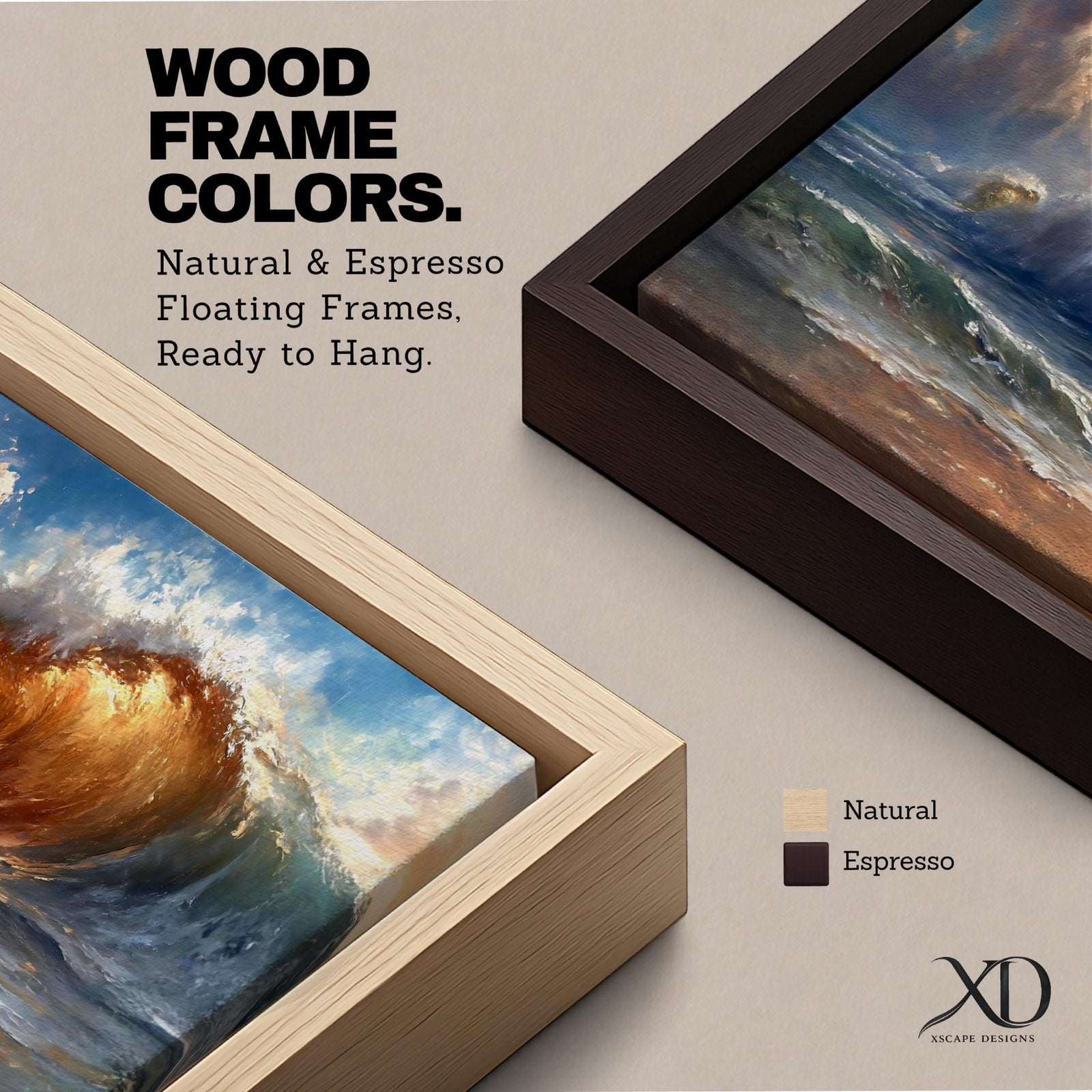 A panoramic painting of a powerful ocean wave cresting toward the shore, illuminated by warm golden light within the curl, with textured brushstrokes capturing the motion of water, foam, and reflections beneath a sky filled with dynamic clouds, creating a dramatic and energetic seascape composition.