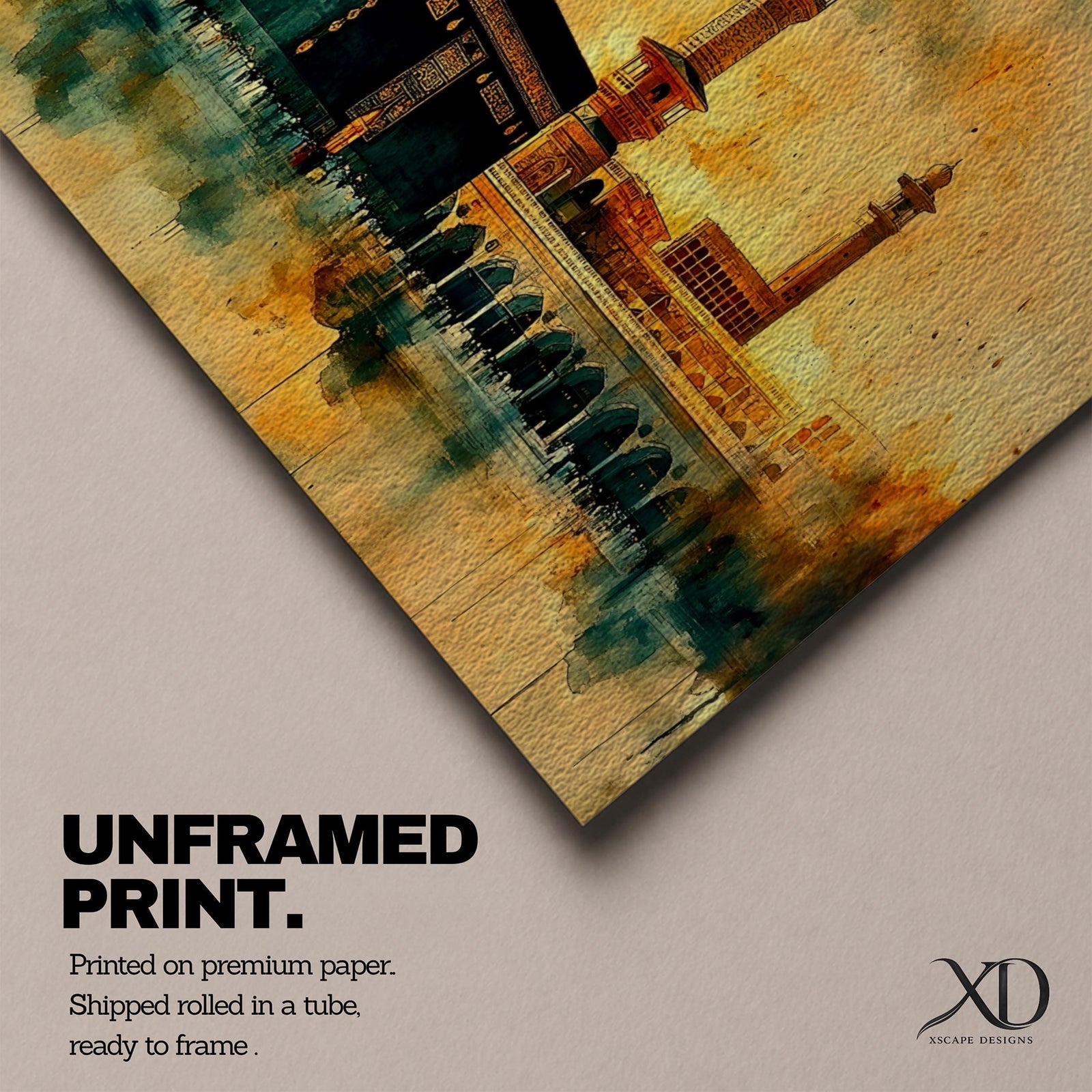 A panoramic watercolor-style painting of the Kaaba in Mecca with soft blended tones of gold, green, and beige, featuring subtle architectural details and a fluid artistic background.