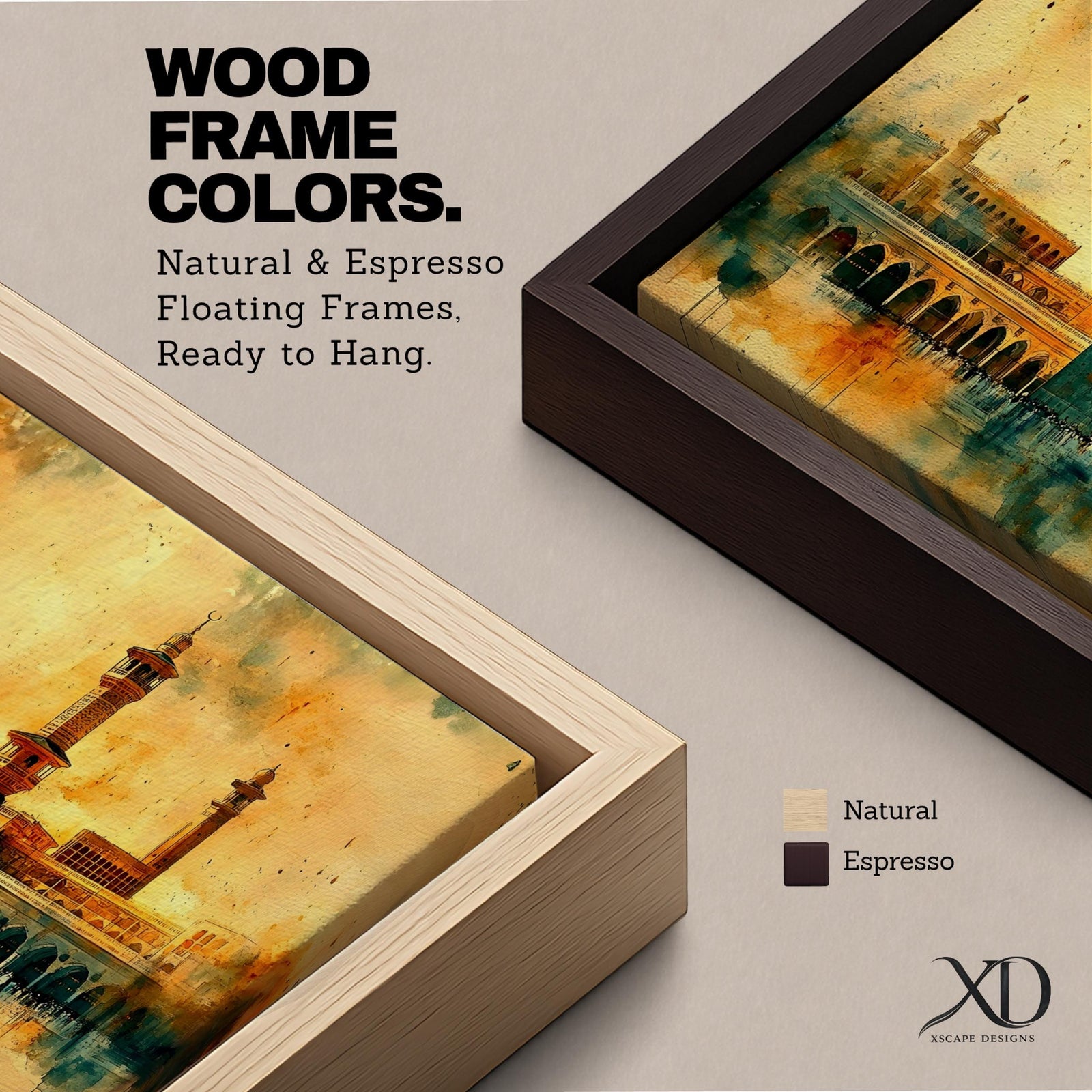 A panoramic watercolor-style painting of the Kaaba in Mecca with soft blended tones of gold, green, and beige, featuring subtle architectural details and a fluid artistic background.