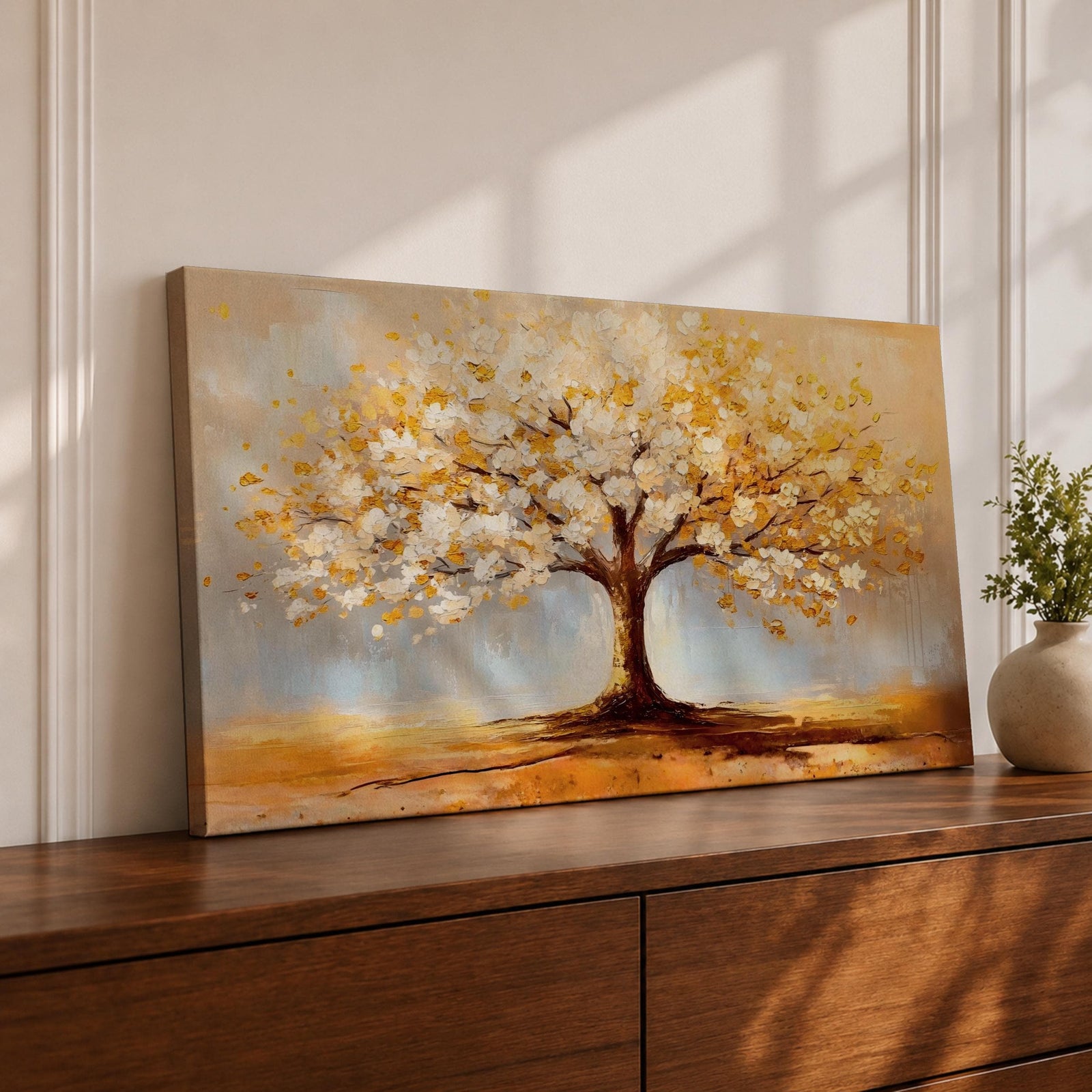 A panoramic painting of a golden tree with blooming leaves in soft white and gold tones, set against a dreamy abstract background with warm light and textured brushstrokes.