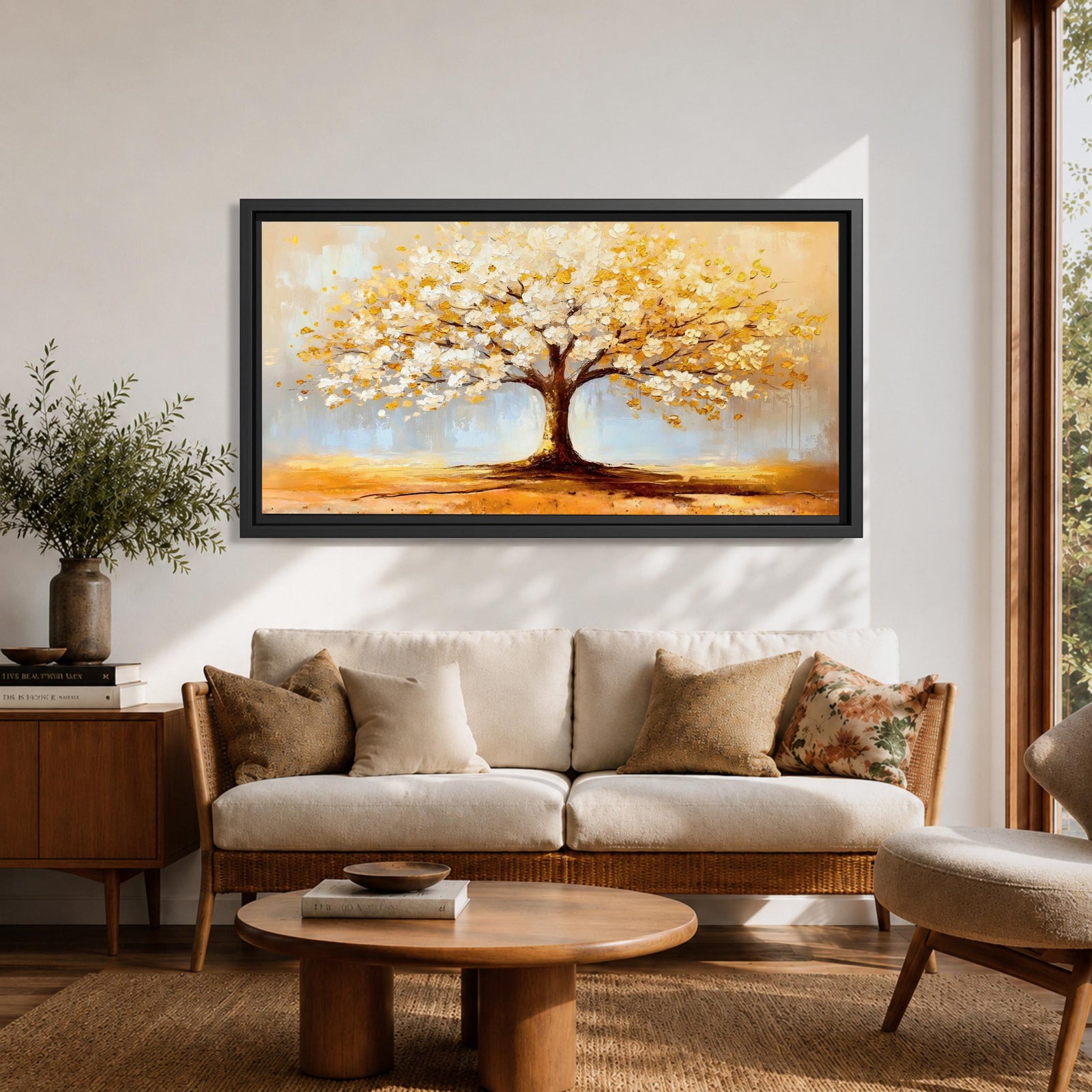 A panoramic painting of a golden tree with blooming leaves in soft white and gold tones, set against a dreamy abstract background with warm light and textured brushstrokes.