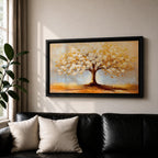 A panoramic painting of a golden tree with blooming leaves in soft white and gold tones, set against a dreamy abstract background with warm light and textured brushstrokes.