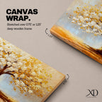 A panoramic painting of a golden tree with blooming leaves in soft white and gold tones, set against a dreamy abstract background with warm light and textured brushstrokes.
