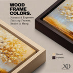 A panoramic painting of a golden tree with blooming leaves in soft white and gold tones, set against a dreamy abstract background with warm light and textured brushstrokes.