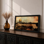 A panoramic painting of Masjid Al-Aqsa within the Jerusalem skyline, featuring the golden dome rising above layered stone walls and historic structures, rendered in an antique textured style with warm earthy tones and a softly blended sky that adds depth across the wide composition.