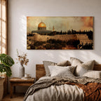 A panoramic painting of Masjid Al-Aqsa within the Jerusalem skyline, featuring the golden dome rising above layered stone walls and historic structures, rendered in an antique textured style with warm earthy tones and a softly blended sky that adds depth across the wide composition.