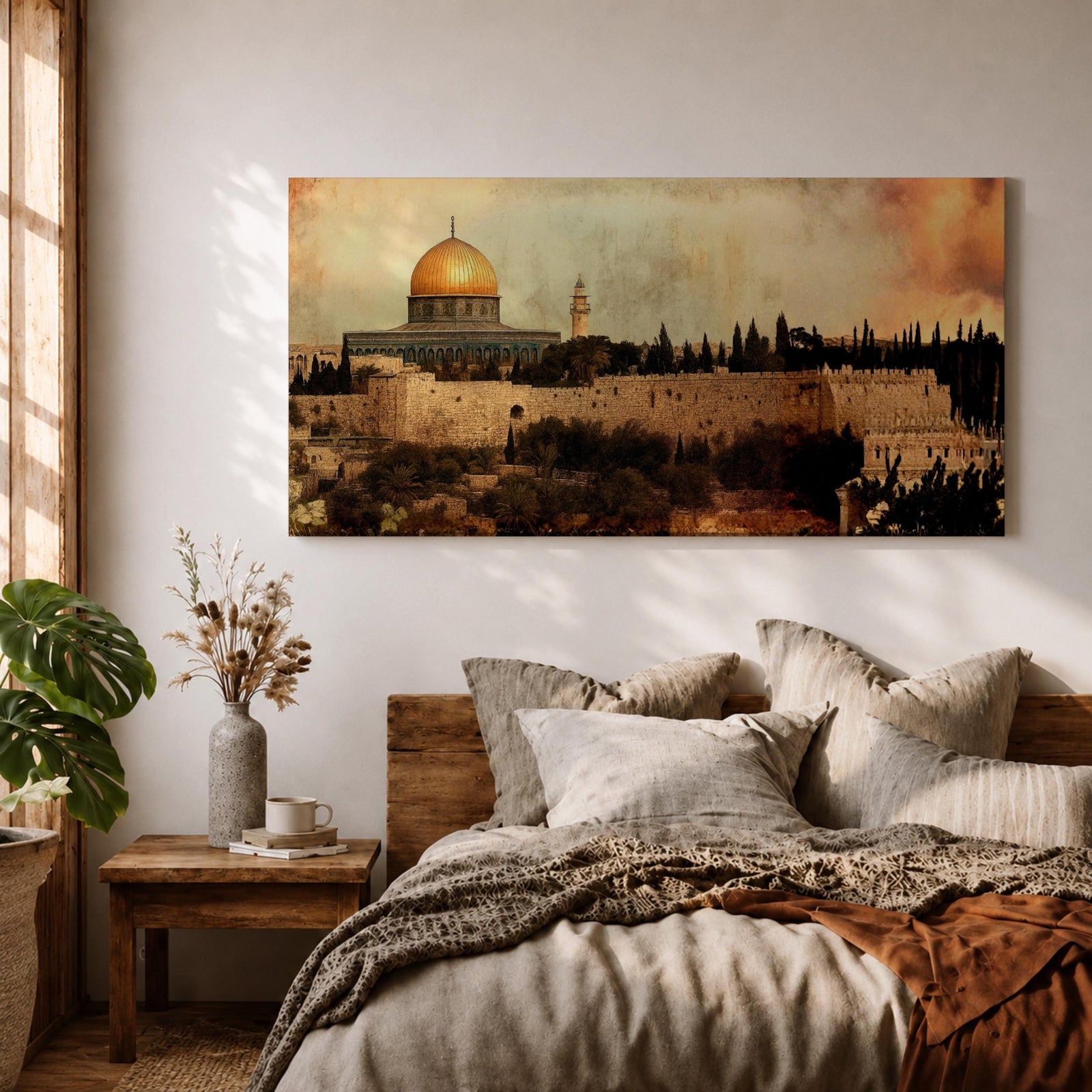 A panoramic painting of Masjid Al-Aqsa within the Jerusalem skyline, featuring the golden dome rising above layered stone walls and historic structures, rendered in an antique textured style with warm earthy tones and a softly blended sky that adds depth across the wide composition.
