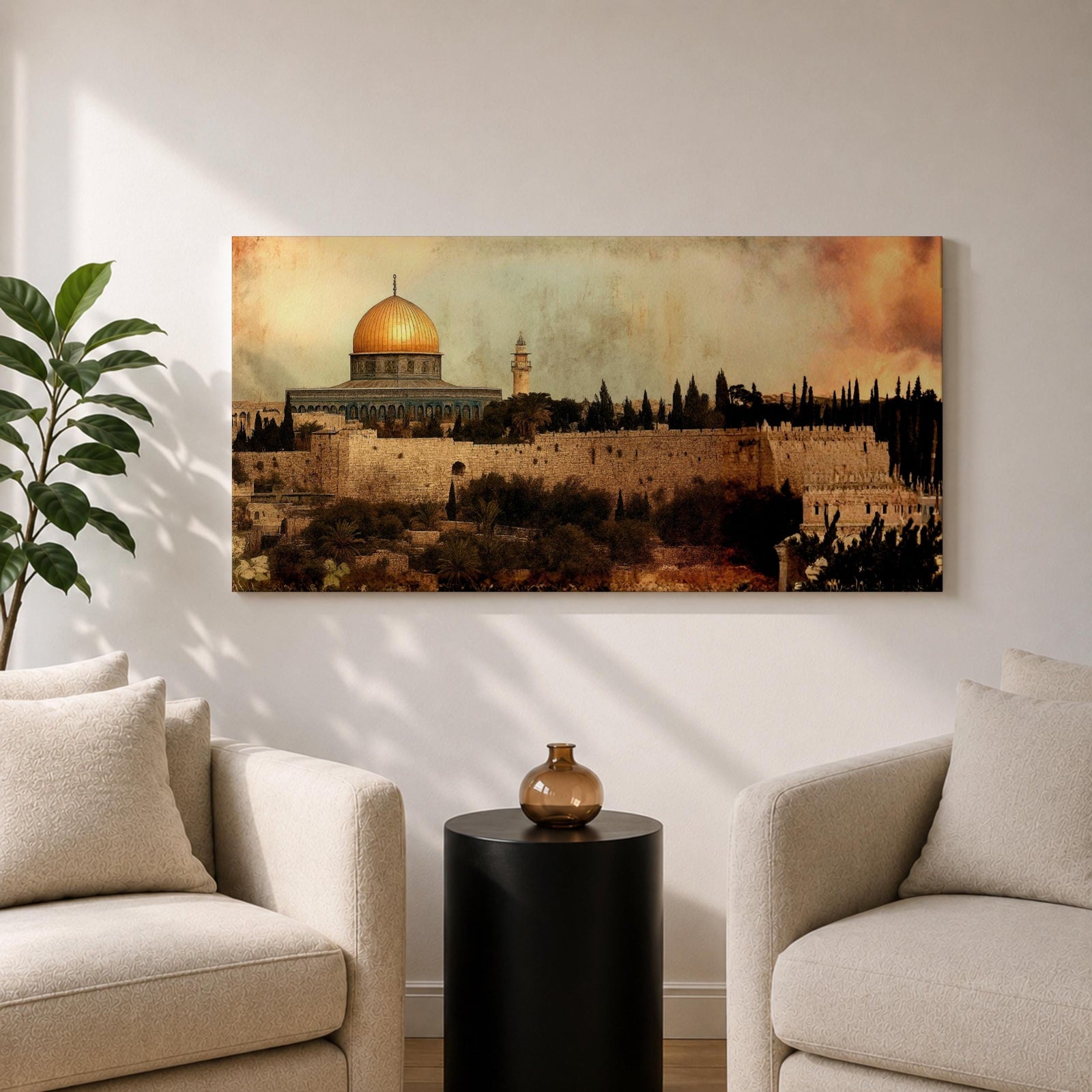 A panoramic painting of Masjid Al-Aqsa within the Jerusalem skyline, featuring the golden dome rising above layered stone walls and historic structures, rendered in an antique textured style with warm earthy tones and a softly blended sky that adds depth across the wide composition.
