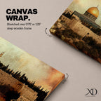 A panoramic painting of Masjid Al-Aqsa within the Jerusalem skyline, featuring the golden dome rising above layered stone walls and historic structures, rendered in an antique textured style with warm earthy tones and a softly blended sky that adds depth across the wide composition.
