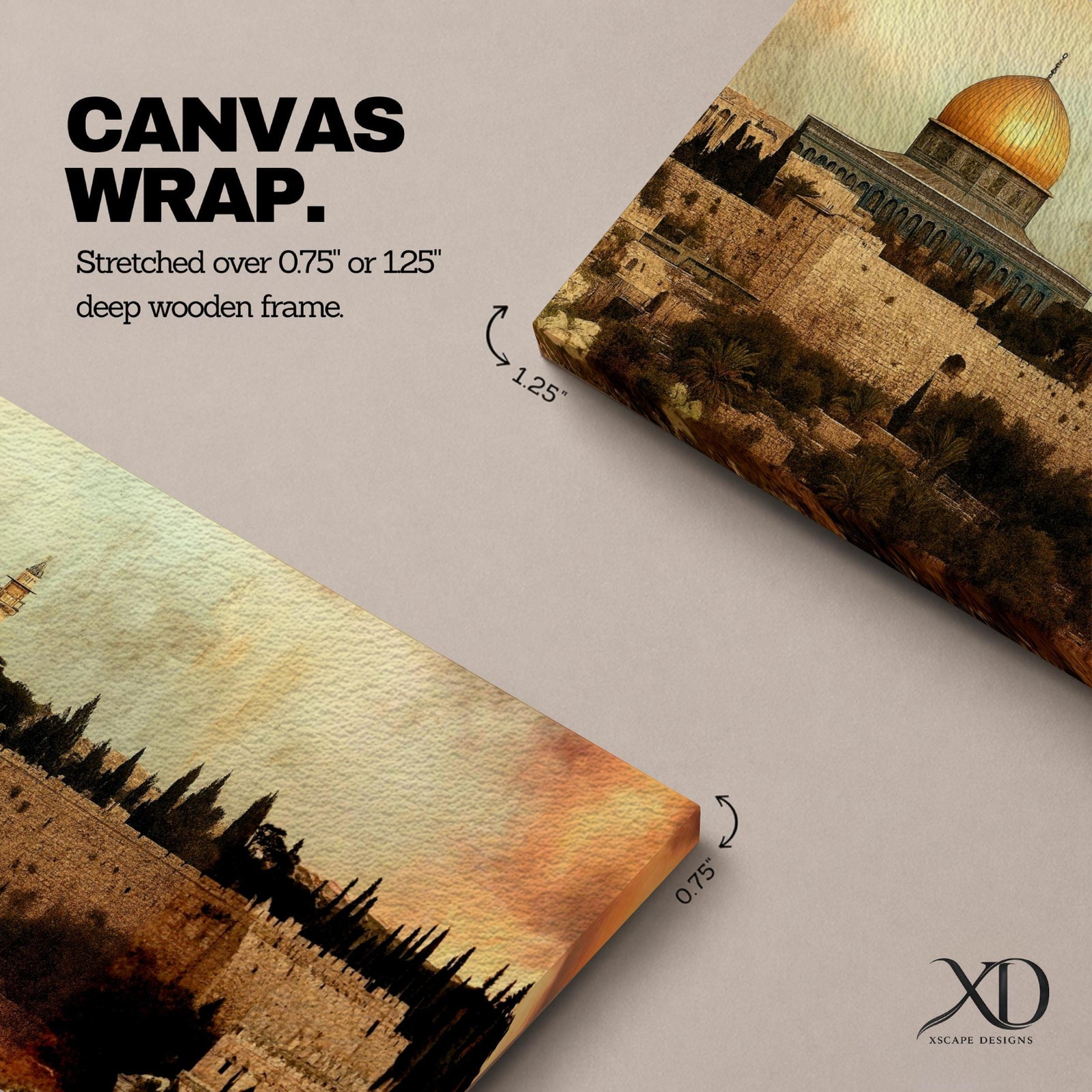 A panoramic painting of Masjid Al-Aqsa within the Jerusalem skyline, featuring the golden dome rising above layered stone walls and historic structures, rendered in an antique textured style with warm earthy tones and a softly blended sky that adds depth across the wide composition.