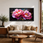 Panoramic floral painting of large pink peony blossoms in full bloom with layered petals and glowing golden centers set against a deep dark background. The composition highlights rich magenta, blush, and lavender tones with expressive brushwork and dramatic contrast, creating a bold close up botanical arrangement.