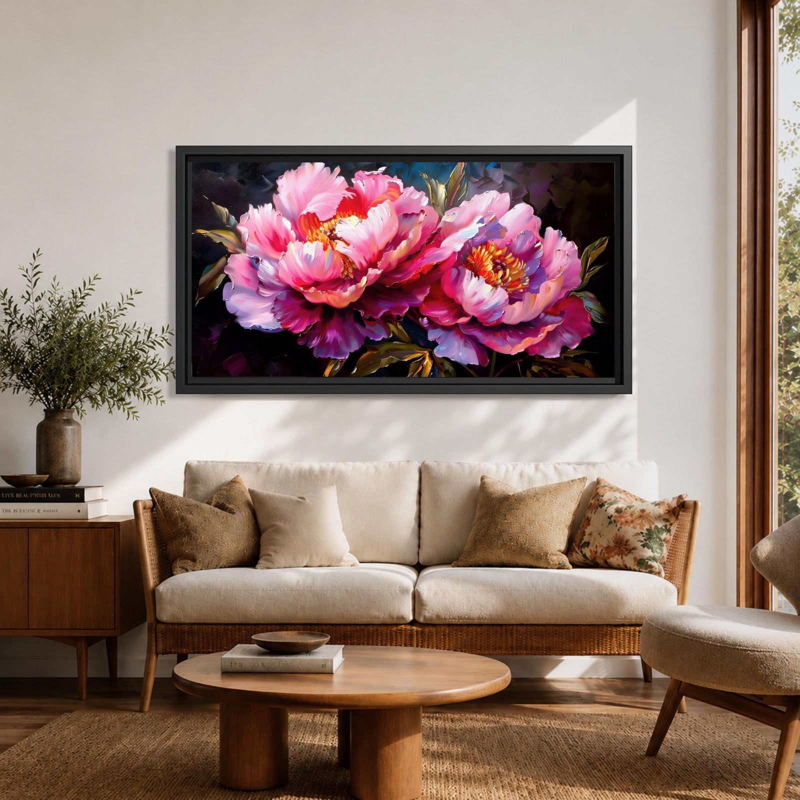 Panoramic floral painting of large pink peony blossoms in full bloom with layered petals and glowing golden centers set against a deep dark background. The composition highlights rich magenta, blush, and lavender tones with expressive brushwork and dramatic contrast, creating a bold close up botanical arrangement.