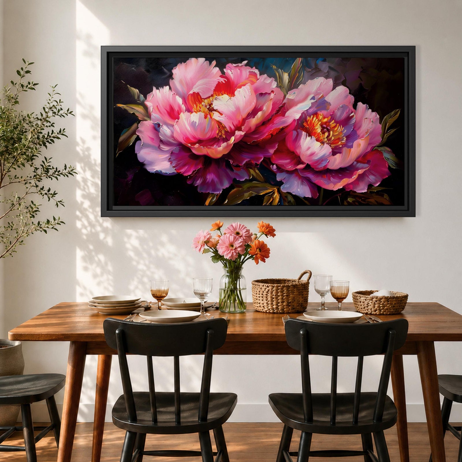 Panoramic floral painting of large pink peony blossoms in full bloom with layered petals and glowing golden centers set against a deep dark background. The composition highlights rich magenta, blush, and lavender tones with expressive brushwork and dramatic contrast, creating a bold close up botanical arrangement.