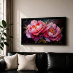 Panoramic floral painting of large pink peony blossoms in full bloom with layered petals and glowing golden centers set against a deep dark background. The composition highlights rich magenta, blush, and lavender tones with expressive brushwork and dramatic contrast, creating a bold close up botanical arrangement.