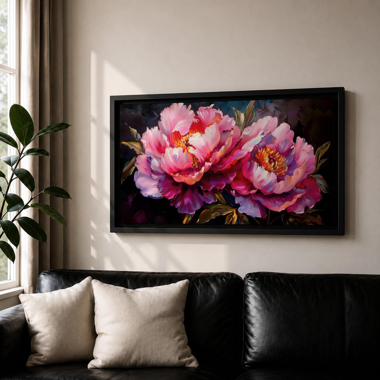 Panoramic floral painting of large pink peony blossoms in full bloom with layered petals and glowing golden centers set against a deep dark background. The composition highlights rich magenta, blush, and lavender tones with expressive brushwork and dramatic contrast, creating a bold close up botanical arrangement.