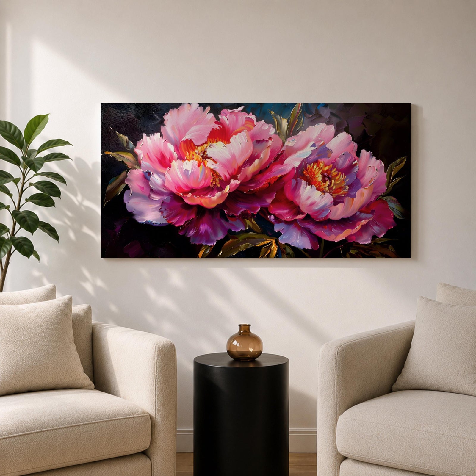 Panoramic floral painting of large pink peony blossoms in full bloom with layered petals and glowing golden centers set against a deep dark background. The composition highlights rich magenta, blush, and lavender tones with expressive brushwork and dramatic contrast, creating a bold close up botanical arrangement.