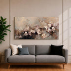 Panoramic abstract painting of delicate blossom branches with soft neutral tones and textured floral petals.